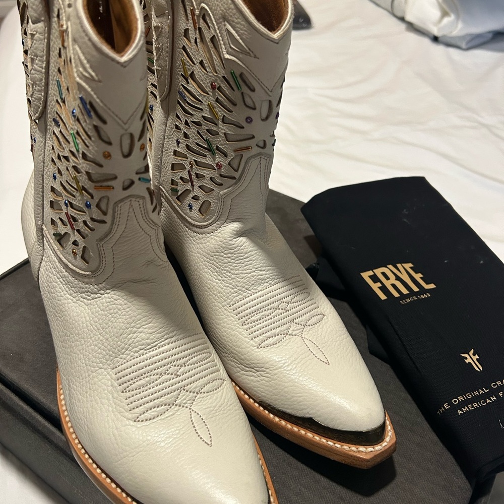 Frye Women's Cream Embellished Heeled Boots